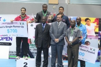 Champion, Nigeria’s Aruna Quadri (standing second left back); Egypt’s El-Sayed Lashin; Egypt’s OmarAssar; Nigeria’s Segun Toriola; Vice President, Technical, African Table Tennis Federation (ATTF), Balla Lo; President, ATTF, Khaled El-Salhy and Francis Egbiri of National Sports Commission (NSC) during the final of the Africa Top 16 Cup at the weekend in Lagos
