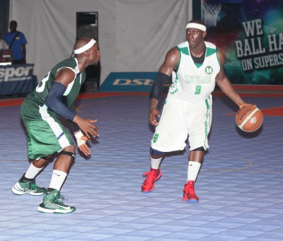 DStv Premier Basketball League Final 8 , Adeola Olaiya in jersey No 9 of Kano Pillars and Philemon Dimka Plateau Peaks