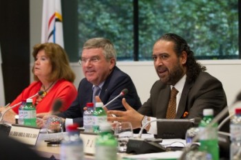 ANOC President Sheikh Ahmad Al-Fahad Al-Sabah addresses the ANOC Executive Council alongside IOC President Thomas Bach and ANOC Secretary General Gunilla Lindberg