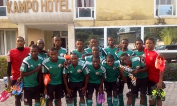 Golden Eaglets pose in front of their hotel camp in Kinshasha