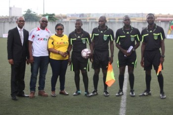 The Marketing  Manager GOtv, Oludare Kafar, Executive Business Director, Noah’s Ark Communications, Victor Oyarero and the General Manager GOtv, Mrs. Elizabeth Amkpa with match officials during the semi-finals of the GOtv Hood to Hood Football Championship.
