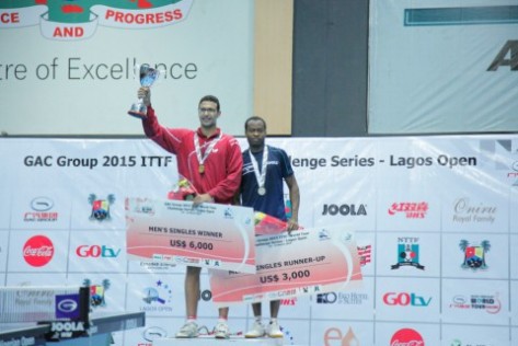 Egypt’s Omar Assar and Nigeria’s Aruna Quadri during the presentation for the men’s singles final won by the Egyptian at the ITTF World Tour, Lagos Open at the Molade Okoya-Thomas Hall of Teslim Balogun Stadium at the weekend