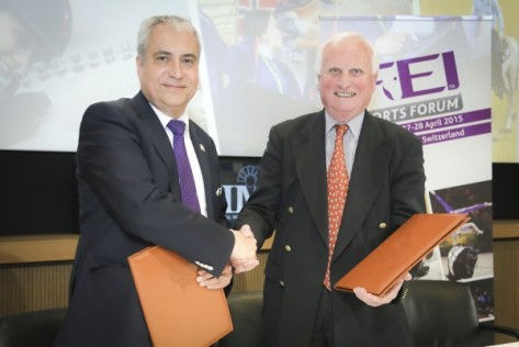 FEI President Ingmar De Vos (left) is pictured with Dr Hanfried Haring, President of the European Equestrian Federation, following the signing of the Memorandum of Understanding at the FEI Sports Forum 2015 held at the IMD in Lausanne, Switzerland. (FEI/Germain Arias-Schreiber)