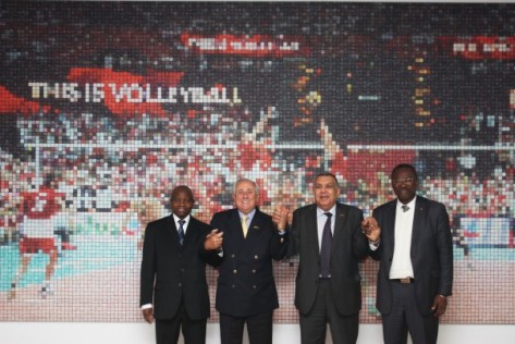 FIVB President Dr Ary Graca  showing unity with CAVB President Dr Amr Elwani, treasurer Habu Gumel and  Board member Majore Timba