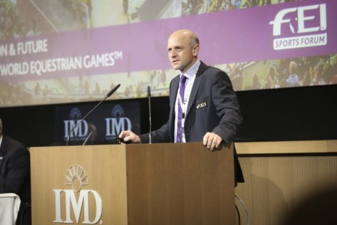 Tim Hadaway, FEI Director of Games and Championships, addressing the FEI Sports Forum 2016 held at the IMD business school in Lausanne. Photo: FEI/Germain Arias-Schreiber  