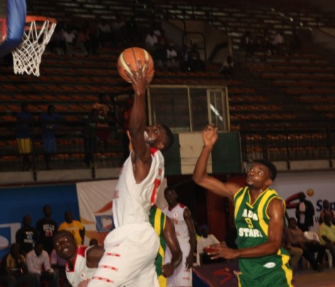A Dodan Worriors player going for a dunk against Kada Stars during the final-8 playoff of 2015 DStv premier Basketball League at the indoor sports hall of the National Stadium, Surulere, Lagos.