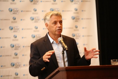 ICC Chief Executive David Richardson addresses the Town Hall meeting in Chicago. Credit: @ICC