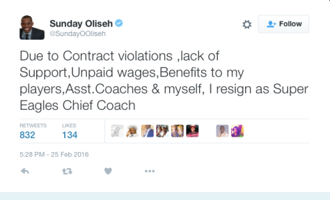  Sunday O Oliseh Resigns